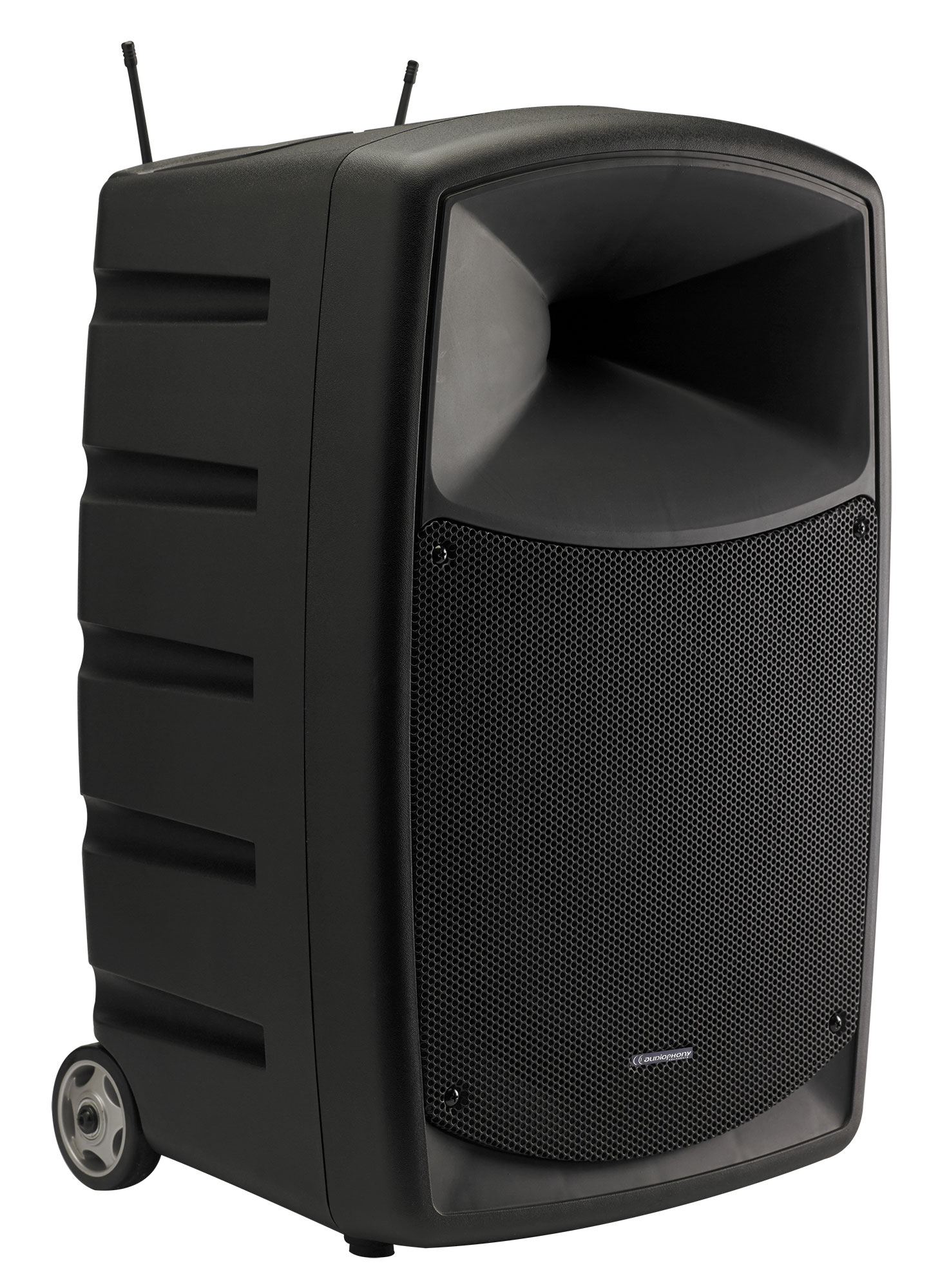 Battery-powered portable sound system, 120W with Bluetooth, USB reader and two UHF microphones - 800MHz range <p hidden>accu akku</p>