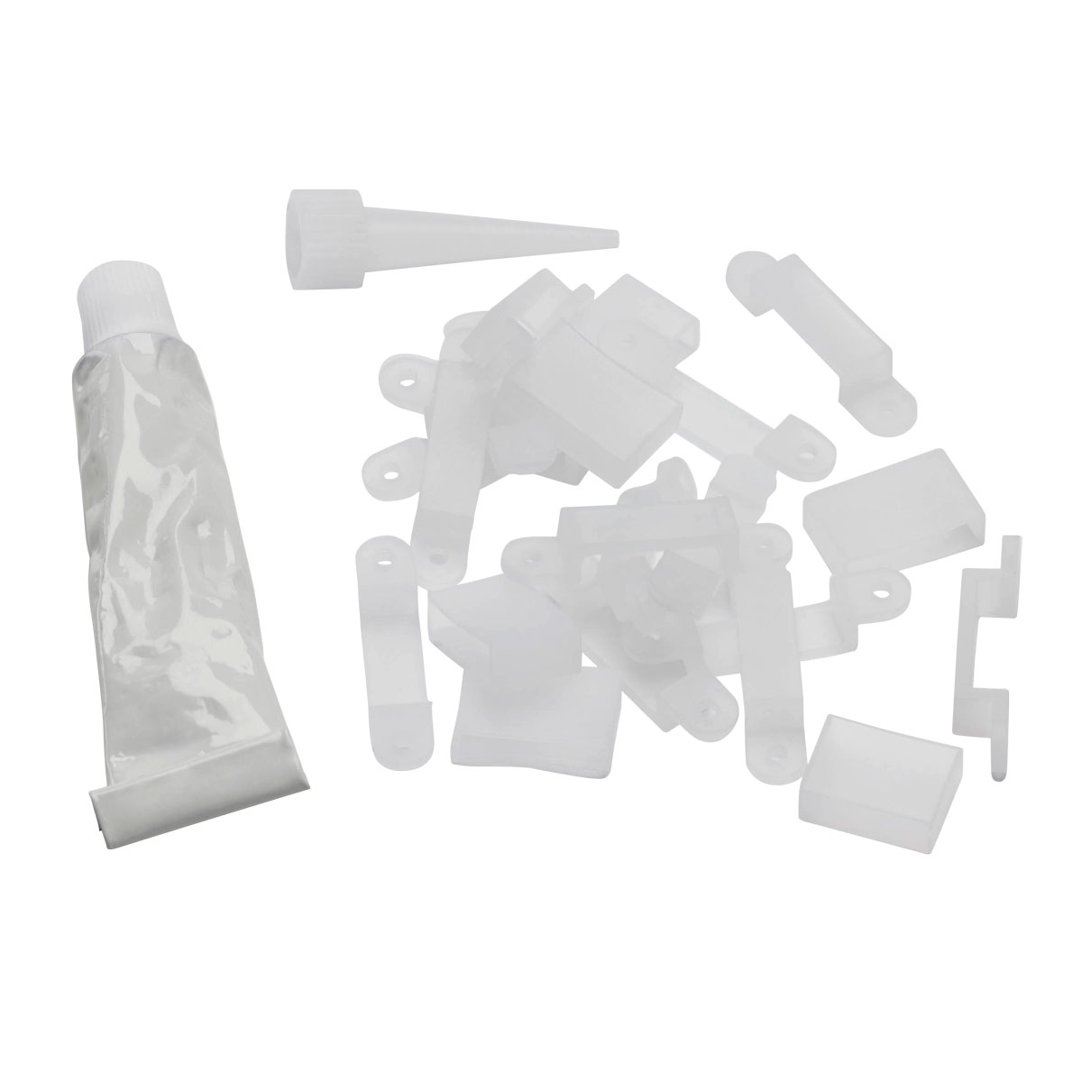 Kit containing 15 eye straps, 5 caps and 1 silicone protective sleeve for IP65 ribbon