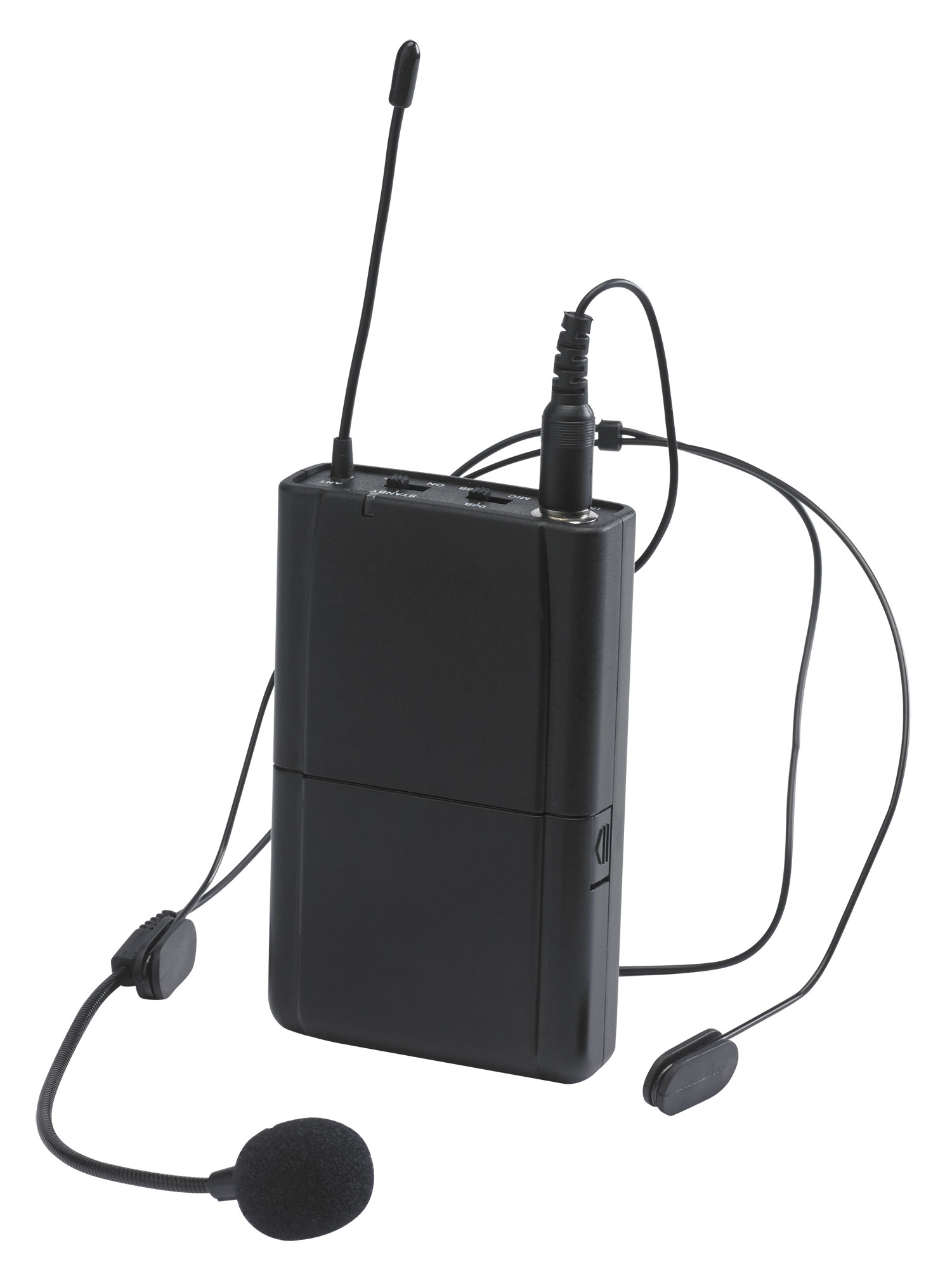 Optional UHF bodypack transmitter and headband microphone - 800MHz range
