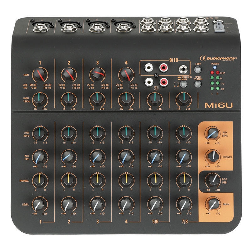 6 channel mixer  4 microphones, 2 stereo, 1 aux and USB port