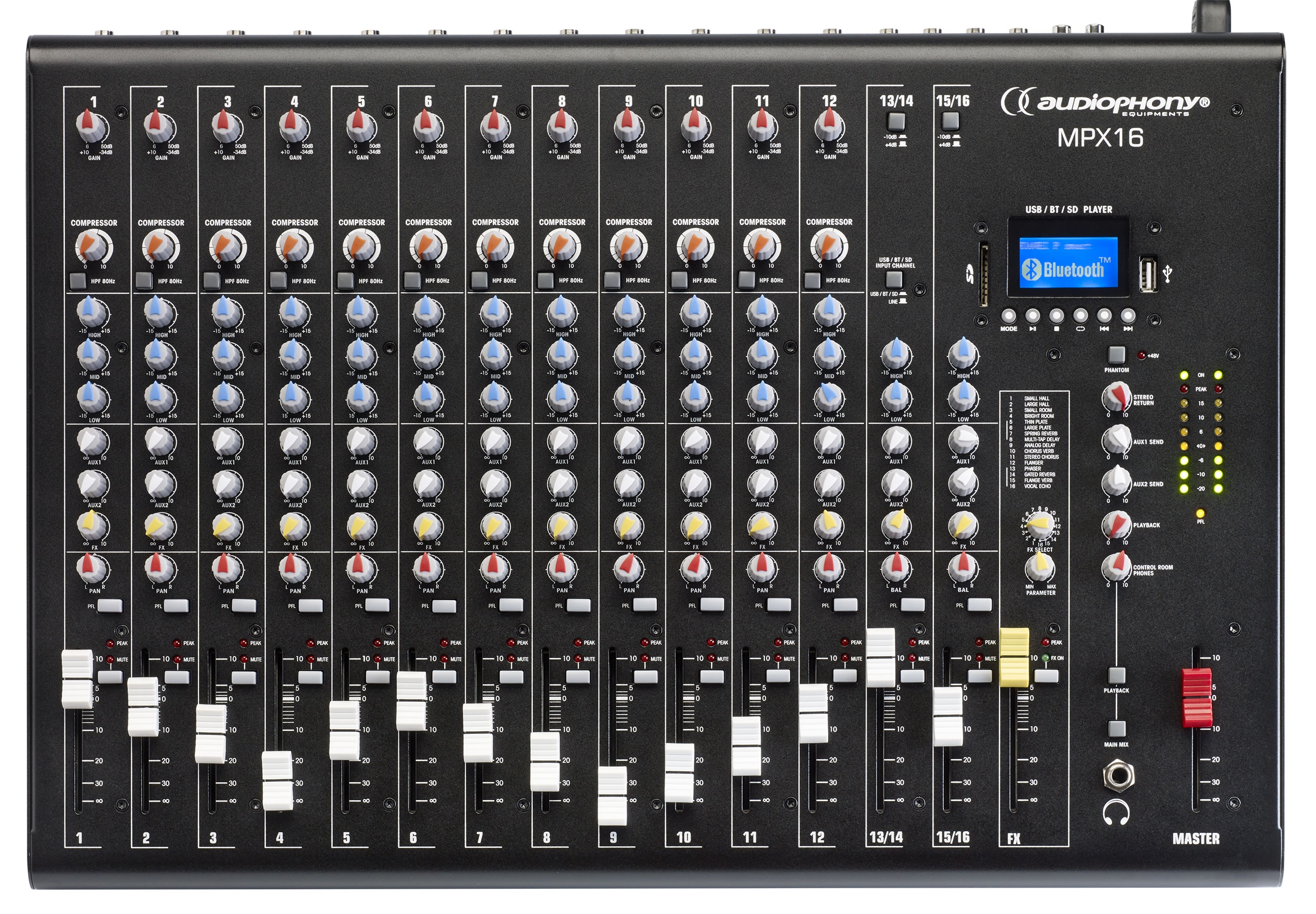16 channel mixer with compressor, effects and USB / SD / Bluetooth Player