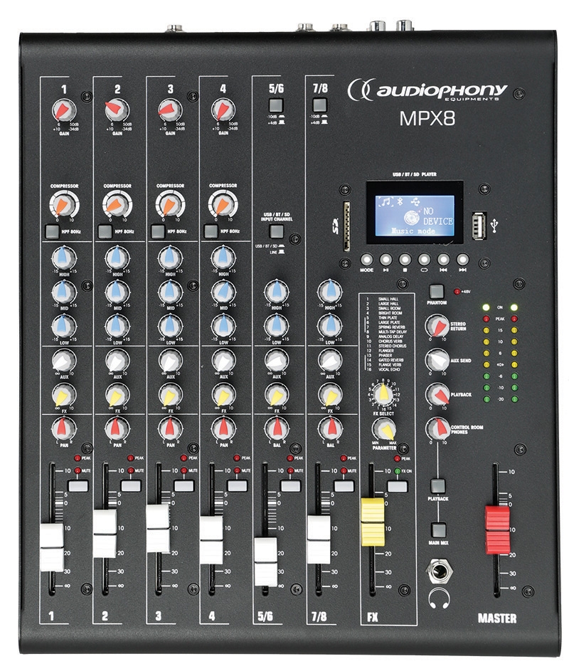 8 channel mixer with compressor, effects and USB / SD / Bluetooth Player