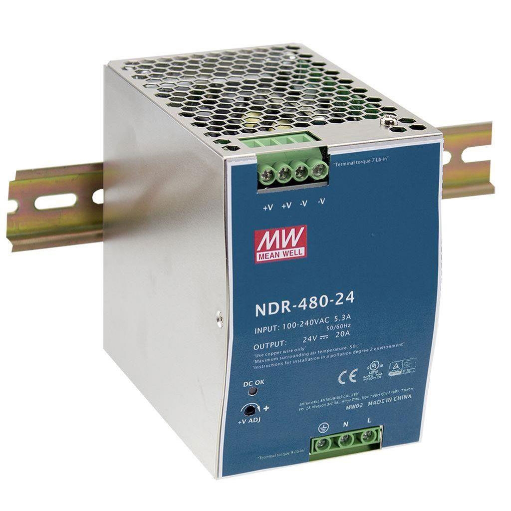 MEAN WELL AC-DC Single output Industrial DIN rail power supply - Output 24Vdc at 20A - metal case