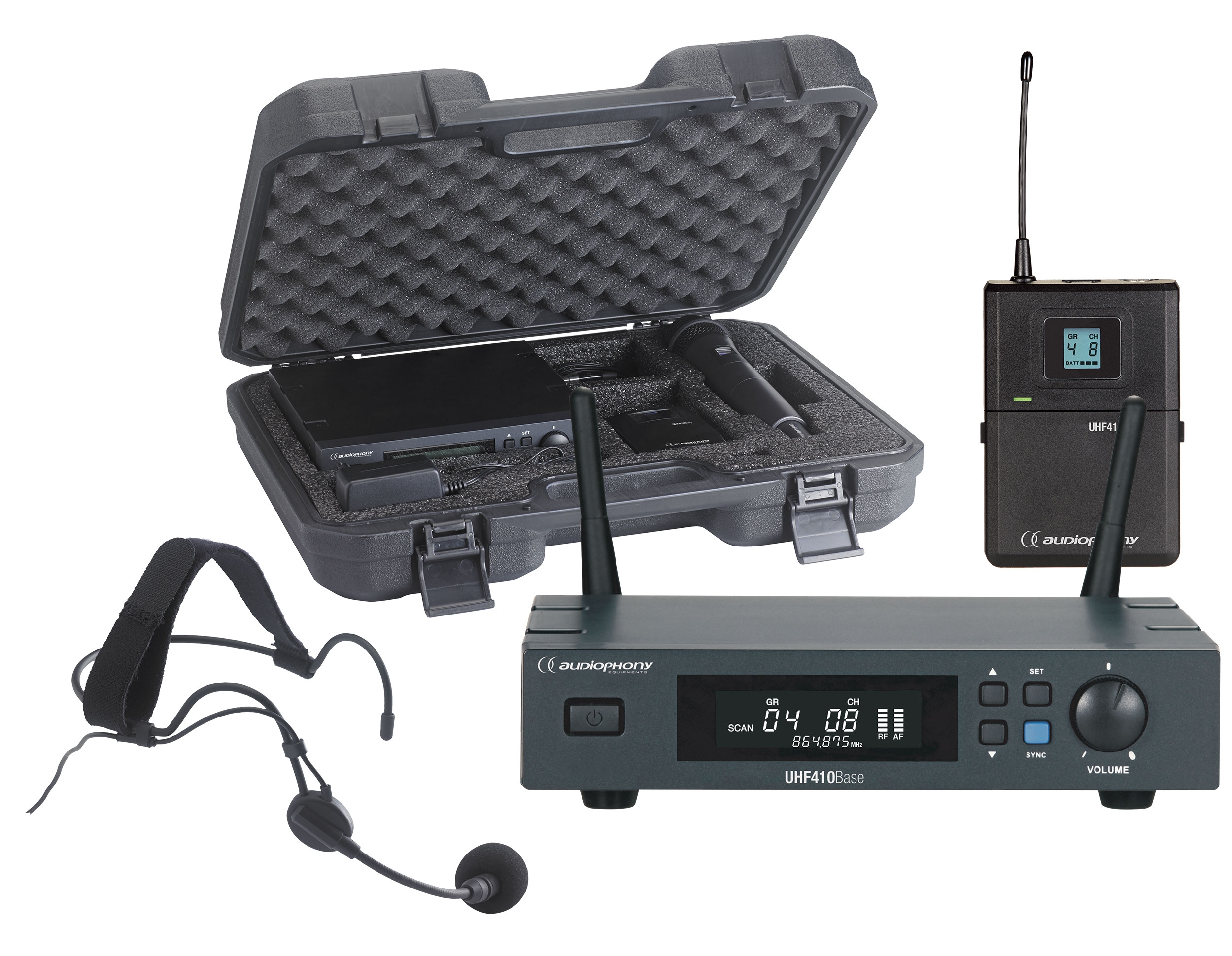 Set including a UHF True Diversity receiver, bodypack, headband microphone and transport case - 500MHz range