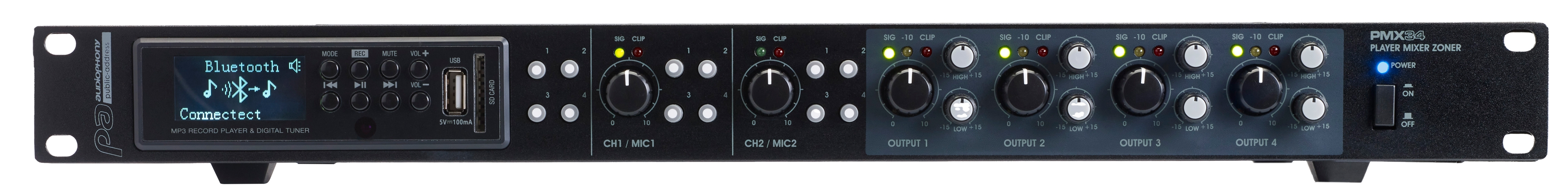 Mixer 2 inputs / 4 outputs with USB / SD / TUNER / Bluetooth media player